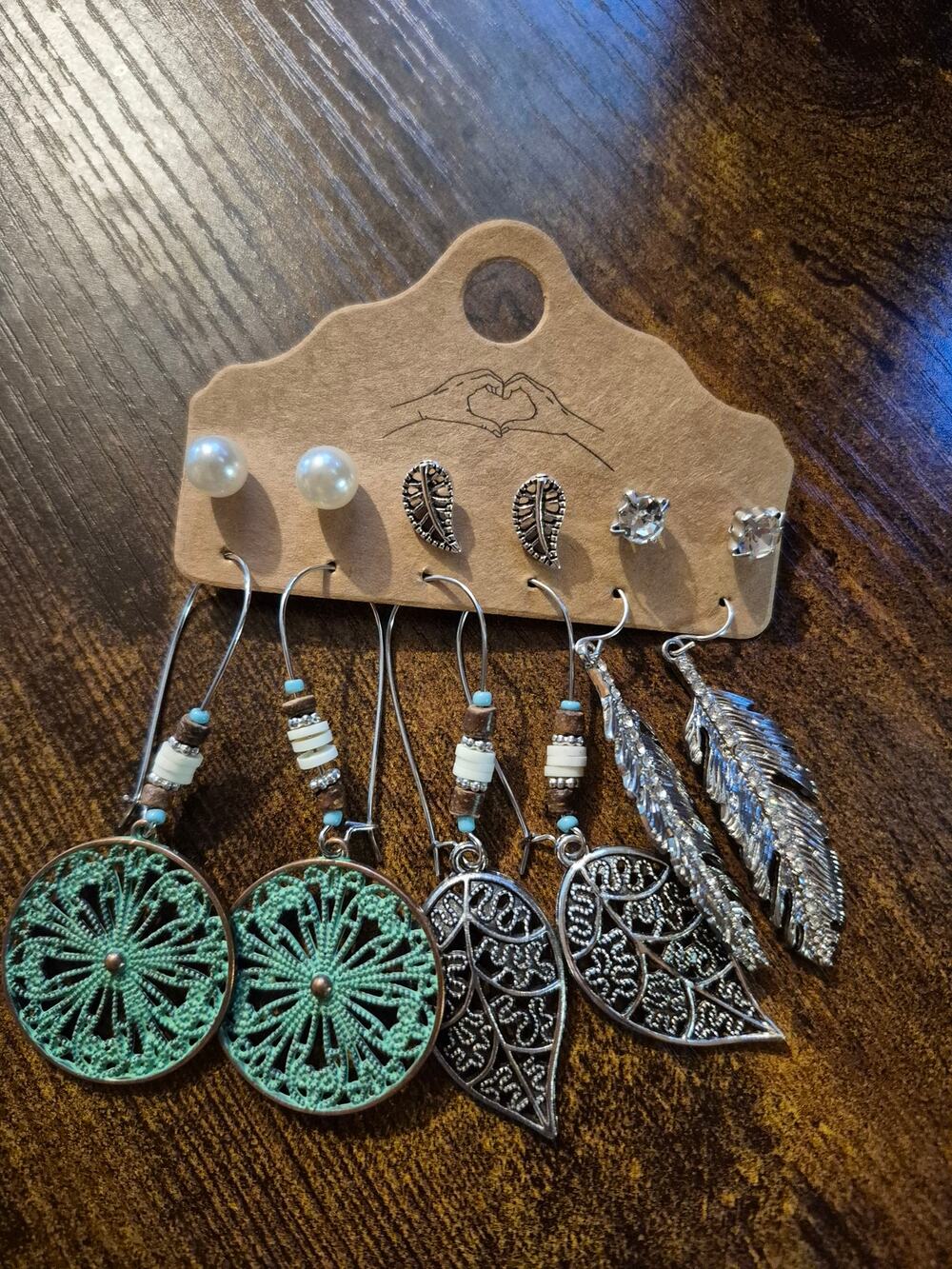 NWT Boho 6 Pair Costume Jewelry Earring Set Silver Tone Feather Leaf Turquoise